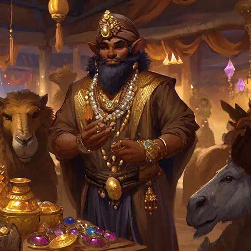 Prompt: a rich Bugbear merchant in perian dress, with many jewels and gold. He Wears a cafetan and a black turban. Behind him a caravan of camels. Rpg art, Magic the gathering art, d&d art. Detailed, well draw face. Rpg art, d&d art. 2d. 2d art.