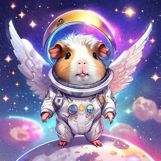 Prompt: Guinea pig, anthropomorphic, kawaii style, angel wings sprinkled with moondust, futuristic spacesuit, on a moon with vivid stars and nebulas in the sky, Angel of the Moon, Masterpiece, Best Quality 