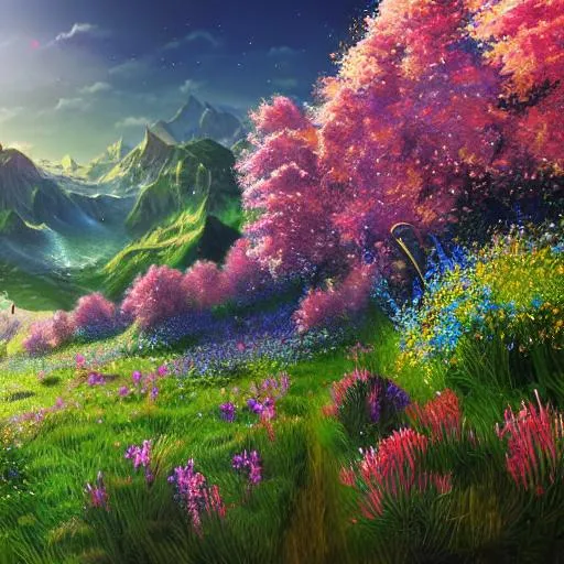 Prompt: Spring, beautiful valley of flowers, realistic flowers, beautiful sunny day, heavenly flowers, sun, trending on artstation, 8K resolution, concept art, cosmic, ethereal, matte background, landscape, sunny, hyperdetailed
