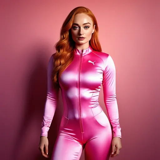 Prompt: Realistic full-body illustration of Sophie Turner, vibrant colors, cinematic lighting, detailed fabric texture, pink spandex, high quality, detailed anatomy, red lighting, natural beauty, professional, actress, realistic, detailed, vibrant, spandex, cinematic lighting, full-body, professional quality