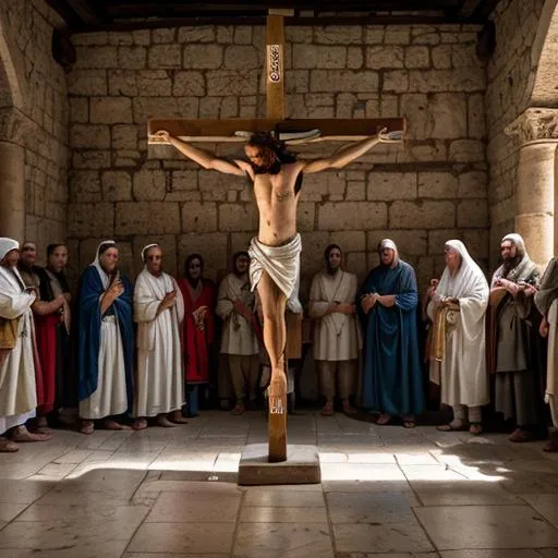 Prompt: Imagine a hyper-realistic depiction of Jesus' crucifixion, set in the historical context of Jerusalem during that time period. The scene is filled with an atmosphere of solemnity and intensity. 
