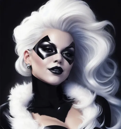 Prompt: Artgerm type portrait of a comics superhero, young woman, feminine beautiful face, wearing a black latex costume with a fluffy fur scarf, black domino mask, perfect face, sarcastic smile, black lipstick,  eyeshadow smoky make up, wavy flowing silky white platinum hair,  fantasy art, inspired by Stanley Lau, Greg Rutkowski, high definition, highly detailed, unreal engine, no deformity, no ugly hands, cinematic postprocessing, digital painting, perfect lighting, satin finish 