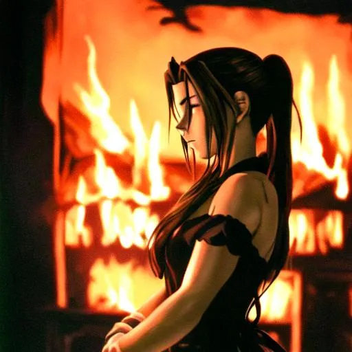 Prompt: A dark, spooky image of Aerith from Final Fantasy staring forward innocently with fire in the background