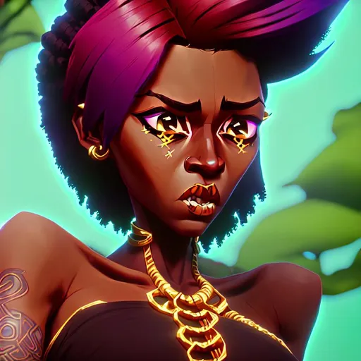 Prompt: chocolate bold vivid female avatar with hair in afro. And fine African Jewels. Juicy lips and big eyes