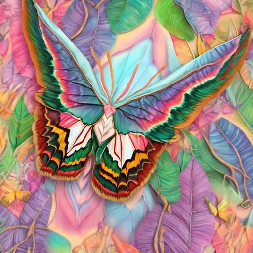 Prompt: Pastel atlas moth diorama in the style of Lisa frank