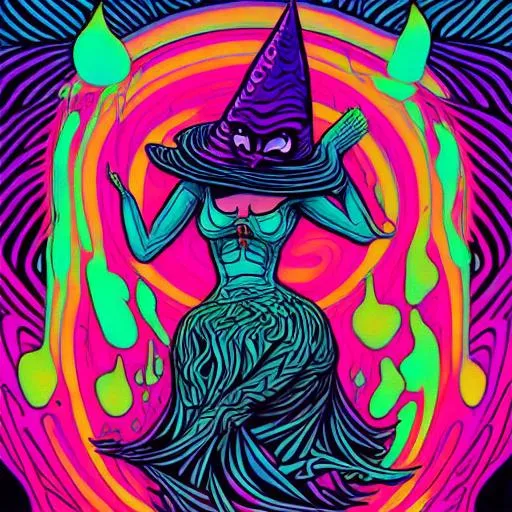 Prompt: Hypnotic illustration of a witch whit a poisson, hypnotic psychedelic art by Dan Mumford, pop surrealism, dark glow neon paint, mystical, Behance
