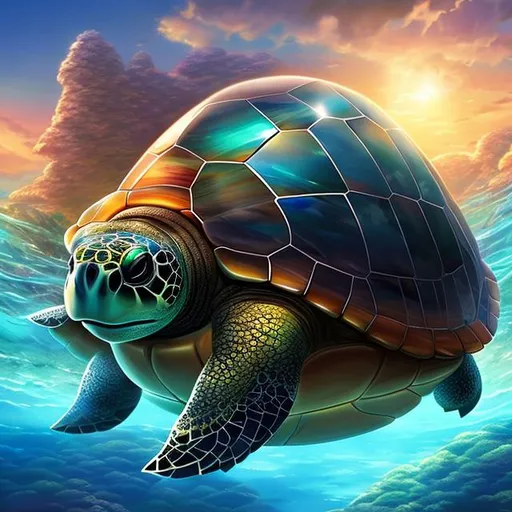 Prompt: a gargantuan turtle, with a gemstone shell, multiple heads RPG art, Anime art, 2D art, 2D, majestic