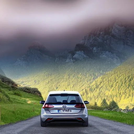 Prompt: 8k image of 4x4 volkswagen golf, soft lighting, mountains in background, mist in front of mountains but behind car