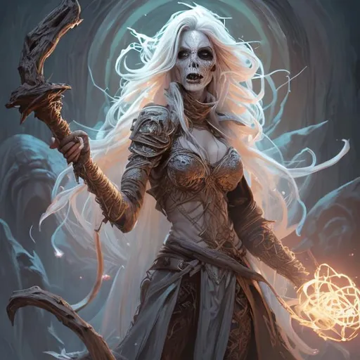 Prompt: Full body splash art of a female undead sorceress casting a spell, very long dirty blonde hair, wearing long light-colored iridescent robe, carrying a wooden staff, D&D, fantasy, intricate, highly detailed, sharp focus, digital painting, artstation, concept art, 4k, 8k