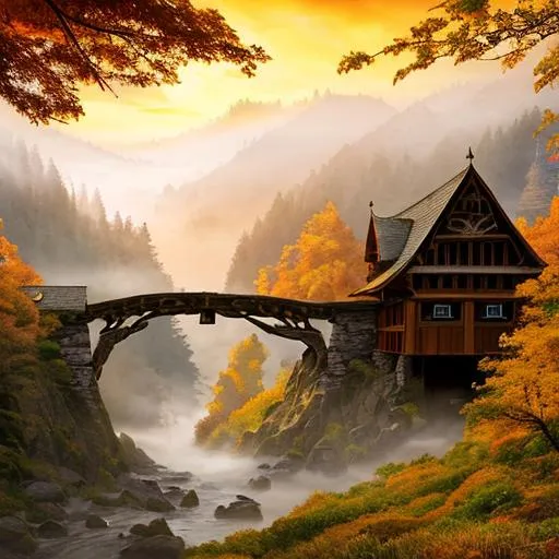 Prompt: Ancient elven city in the mountains with wooden covered bridges covered in foliage from the forest, a golden sunrise in with mist