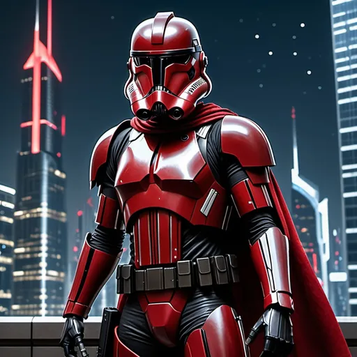 Prompt: A realistic photograph of a Powerful Male Dark-Skinned clonetrooper standing confidently, directly facing the viewer full length, wearing a black armor with small red lines, gadgets and a red cape. his helmet is off. the armor glistens ominously in the shadow of a futuristic dark cyberpunk city with skyscrapers towering, with a starry night sky above him
