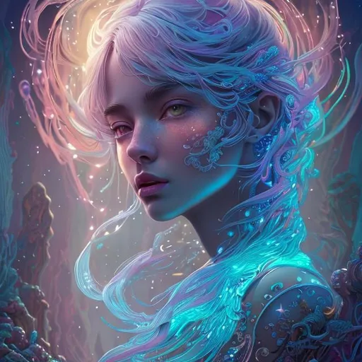 Prompt: Heavenly fantasy celestial bioluminescent prismatic opaline crystal lightning tree, Illustration, Beautiful, Detailed, Intricate, Painting, Vibrant, Design, Landscape, Cinematic, Photorealistic, 4k, 8k, World, Artstation, Wlop, Cyberpunk, Magical, SunsetCloseup face portrait of a {person}, smooth soft skin, big  eyes, beautiful intricate colored hair, symmetrical, anime wide eyes, concept art, digital painting, looking into camera 