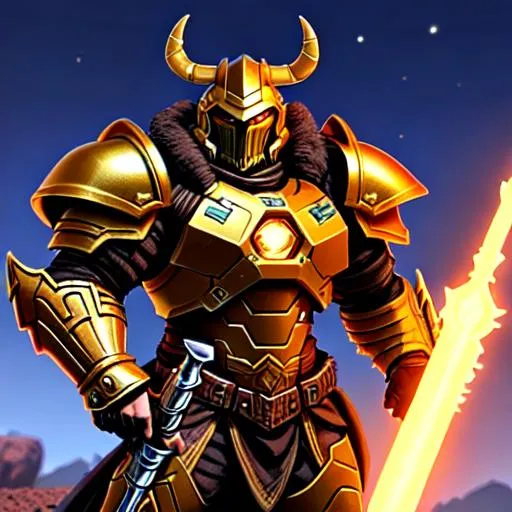 Prompt: A humanoid Warthog barbarian, 
Wearing doom slayer style golden armor, wielding a morningstar in his right hand.