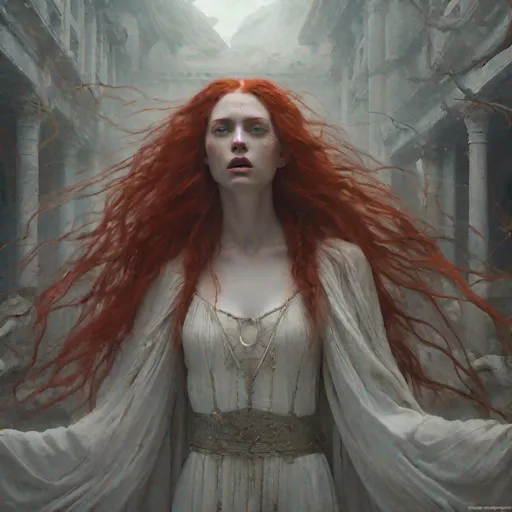 Prompt: full shot of a person with long red hair screaming, inspired by Louisa Matthíasdóttir, exquisite matte painting, pale young ghost girl, peter kemp, tom bagshaw weta studio and Jason Benjamin, behance contest winner, intricate 3 d illustration, greek myth digital painting, trending on juxtapoz magazine, jean-sebastien rossbach