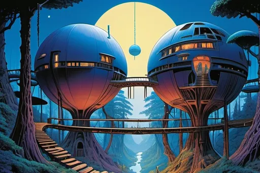 Prompt: An alien settlement of spherical houses suspended in blue forest canopy, with rickety bridges between them, with mysterious lights  in houses, psychedelic imagery, in style of Moebius