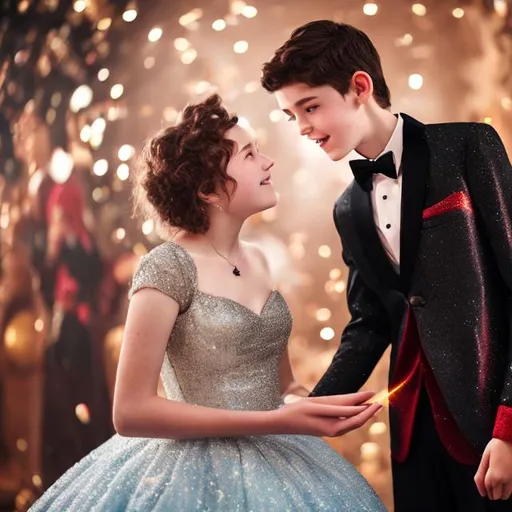 Prompt: 16 year old boy in a tuxedo pointing his magic wand at jar as the 16 year old girl is amazed as a big red super puffy and sparkly ball gown appears on her as gold sparkly magic flys all around her