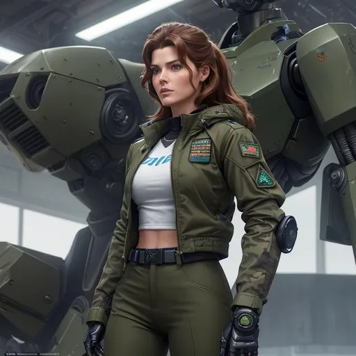 Prompt: style: digital art of a futuristic female mech pilot, she is athletic, looks like katherine hepburn, long brunette hair, blue eyes, wears a tan shirt, cropped green jacket, camo fatigue pants, combat boots, she stands in front of a pacific rim jaeger mech, metal gear, robot jox, influenced by Greg Rutkowski, craig mullins, sergio toppi, beksinski, jeremy mann, influenced by pre-raphaellite, magic realism, (establishing shot)

BREAK

detailed matte painting, deep color, fantastical, intricate detail, splash screen, complementary colors, fantasy concept art, 8k resolution trending on Artstation Unreal Engine 5