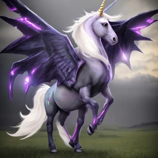 Prompt: Realistic Unicorn batwings pony hybrid 