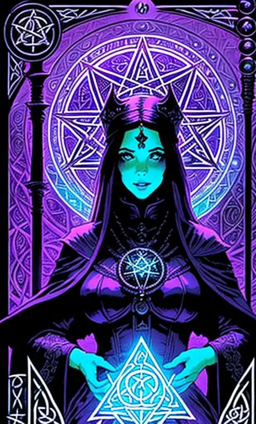 Prompt: tarot card + Celtic goddess, vintage detailed sci-fi illustration designed by Marc Simonetti and Mike Mignola + psychedelic black light style + intricate ink illustration + symmetry + bloodborne, pentagram, lilac, mint