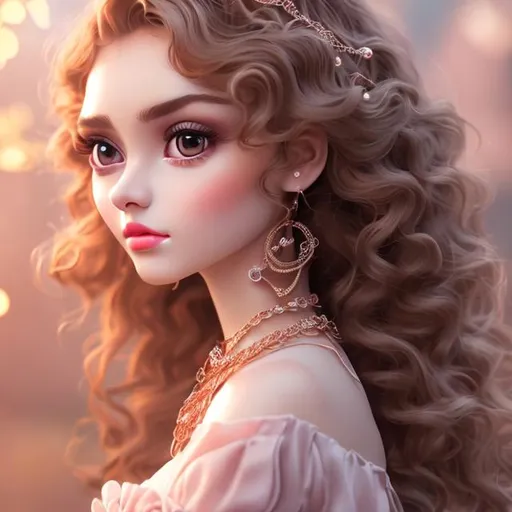 Prompt: Beautiful lady wearing long light brown dress, AI, detailed features, animated, 8K, fair and glossy skin. Curly hair, neck chain set, Big eyes, baby pink lips, light make up.