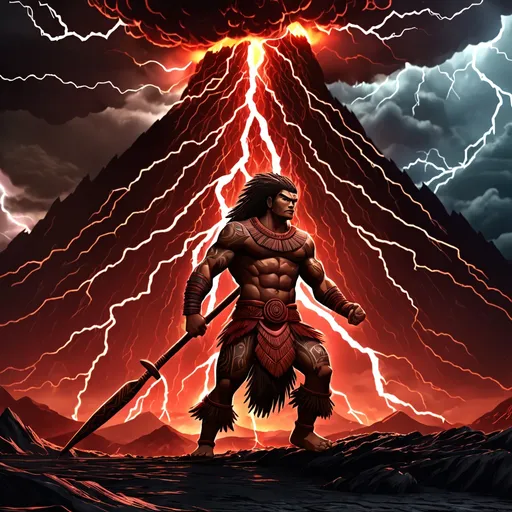 Prompt: (Anime art) polynesian warrior holding a long spear, confident stance, detailed facial expressions, proud pose, walking, dark red colors, dramatic clouds swirling above, high-energy atmosphere, two towering volcanoes in the background, lightning striking by the feet of the warrior, intense and atmospheric lighting, (4K), ultra-detailed, cinematic quality.