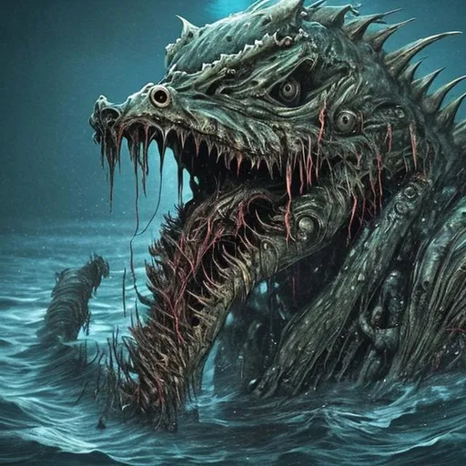Prompt: Sea monster, mutation, demonic, sea, horror, disfigured, warped, deformed, rotting, angry