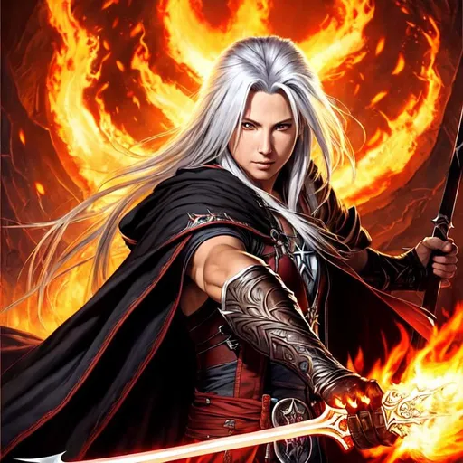 Prompt: Poster art, high-quality high-detail highly-detailed breathtaking hero ((by Aleksi Briclot and Stanley Artgerm Lau)) - ((Sephiroth looking  back through fire and giving the middle finger )), male, full body of male Sephiroth,highly detailed face, middle finger, flames, black cloak, male,  UHD, 64k, full form, highly detailed full body, highly detailed black clothing. Fire all around, with his back turned looking back, detailed skin, detailed face,full form, detailed forest wilderness setting, male, epic, 8k HD, ice, fire, luminescence , sharp focus, ultra realistic clarity. Hyper realistic, Detailed face, portrait, realistic, close to perfection, more black in the armour, full body, high quality cell shaded illustration, ((full body)), dynamic pose, perfect anatomy, centered, freedom, soul, white long hsir, approach to perfection, cell shading, 8k , cinematic dramatic atmosphere, watercolor painting, global illumination, detailed and intricate environment, artstation, concept art, fluid and sharp focus, volumetric lighting, cinematic lighting, 
