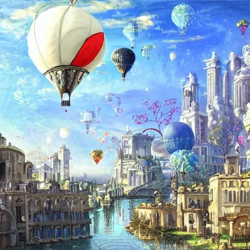 Prompt: Futuristic crisp smooth bone white marble towers, lush blooming vegetation, colorful hot air balloons in sky, Roman-Elvan cityscape background. gritty renaissance market with smooth white statues atop granite bridge foreground. vibrant sun at noon blue sky environment. highly detailed painting by Christian Alzmann and Flavio Bolla