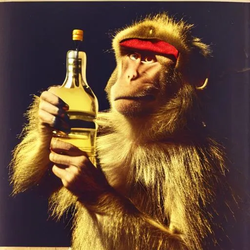 Prompt: album cover of a man in monkey costume in Belgium drinking from a bottle of vodka 