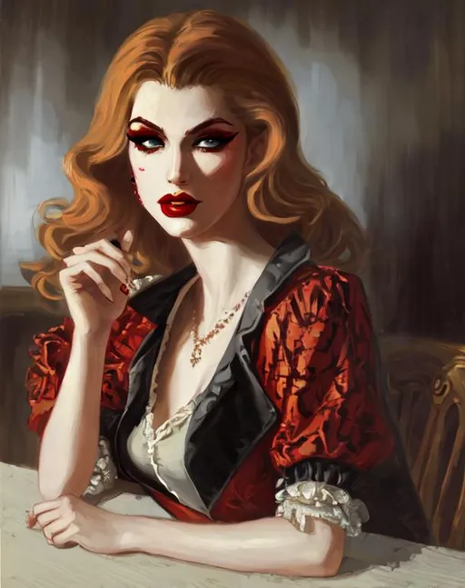 Prompt: Beautiful female toreador from vampire the masquerade, Haddon Hubbard Sundblom, post-impressionist style painting, 1960's clothing, 1960's hairstyle, very detailed, photorealistic, UHD