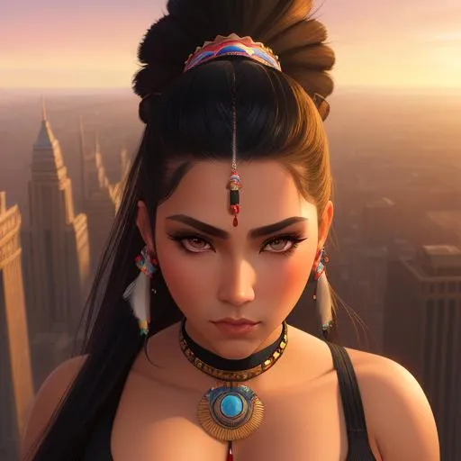 Prompt: 23 year old, native American, Beautiful woman Giantess, ponytail hair, Giantess walking over a city, Huge cleavage, athletic body, Highly detailed photo realistic digital artwork. High definition. Face by Tom Bagshaw and art by Sakimichan, Android Jones" and tom bagshaw, Biggals