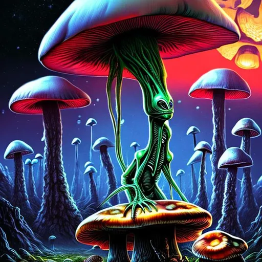 Prompt: alien sitting on a mushroom in a sci fi landscape high detailed graphics