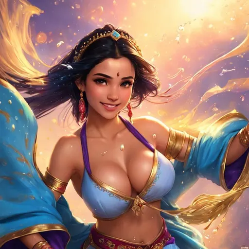 Prompt: jasmine "aladdin, show beautiful blush on her cheek smiling face tears coming from her eyes, close arm, an japan girl with student uniform, glowing vein, busty, cleavage, light particles scaltering around, pale skins, random colorfull uniqe background, juicy, Splash art, epic Instagram, artstation, hyperdetailed intricately detailed, unreal engine, fantastical, intricate detail, splash screen, complementary colors, 8k, heavy strokes, splash arts, full height, full body, photograph nikon 50mm f3.5