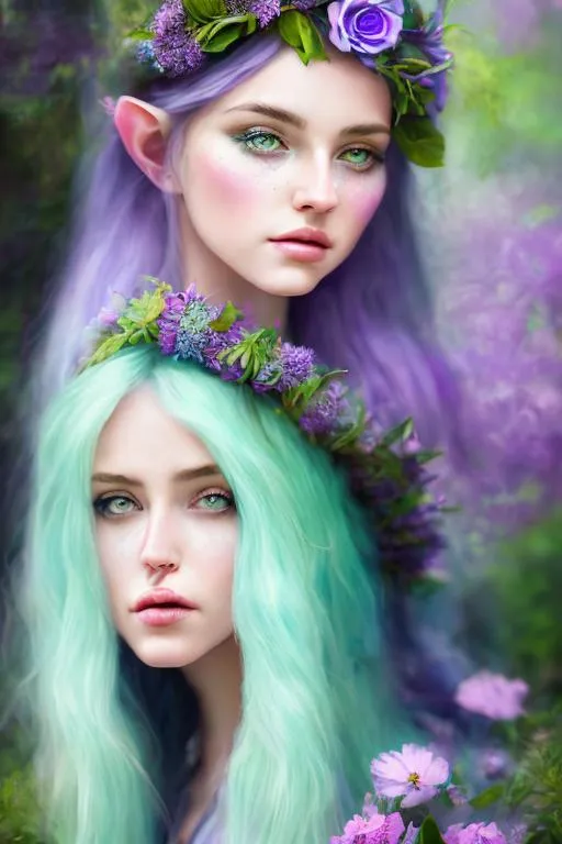 Prompt: 1girl, portrait, watercolor masterpiece,

realistic illustration of Female fantasy elf druid, in a vintage lavender and light mint green dress, green flowers in her purple hair, in a forest by the moonlight, symmetrical,

hyper realistic masterpiece, highly contrast water color pastel mix, sharp focus, digital painting, pastel mix art, digital art, clean art, professional, contrast color, contrast, colorful, rich deep color, studio lighting, dynamic light, deliberate, concept art, highly contrast light, strong back light, hyper detailed, super detailed, render, CGI winning award, hyper realistic, ultra realistic, UHD, HDR, 64K, RPG, inspired by wlop, UHD render, HDR render