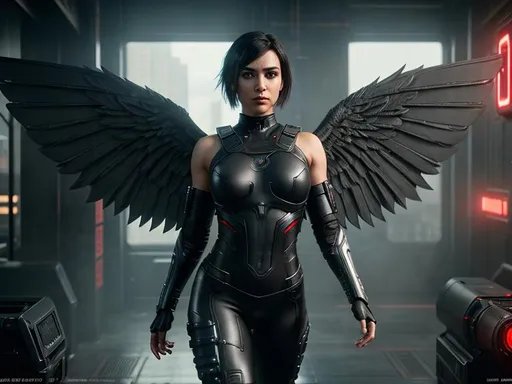 Prompt: Cinematic art, high fidelity,

Cyberpunk Valkyrie, warrior, dark shortcut hair, asymmetrical, excited, big eyes, dark eye shadow, wearing gray tech pants, red and black upper body suit, big beautiful angel wings, intricate details,

artstation, 8k, hyperrealistic, highly detailed