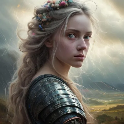 Prompt: Portrait of {beautiful woman in medieval dress} with {multicoloured} hair and with cute face, {storm clouds forest background}, perfect composition, hyperrealistic, super detailed, 8k, high quality, trending art, trending on artstation, sharp focus, studio photo, intricate details, highly detailed, by greg rutkowski