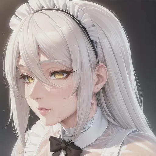 Prompt: Profile picture, mature milf, perfect body, white hair, yellow eyes, cute, face, wet, highly detailed, hd, 4k, 8k, detailed eyes, detailed lips, maid outfit {{ungry expression}}