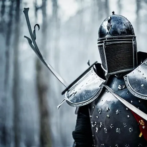 Prompt: knight in full plate armour with sword and shield king arthur lancelot high definiation 8k ultra fine details sharp focus ambient lighting natural background anatomically correct hyper realistic sharp focus dark snowy woods
