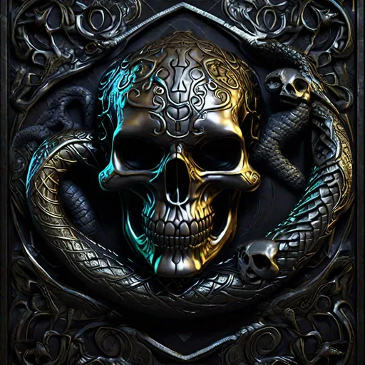 Prompt: "A Gothic Oiled Metallic Embossing of Skull entwined by Eye Glowing Serpent Jörmungandr, by Sandra Everingham, Derek Riggs. Ultrafine details, Rendered in Unreal Engine 5, Orderly Composition, Reimagined by industrial light and magic, elaborate, 4k, dark lighting, HDR, IMAX, ZBrush, shadow depth"