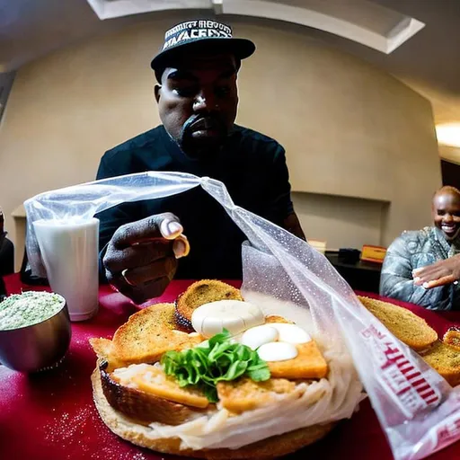 Prompt: fisheye lens with a strong red tinge of Kanye West staring at a table full of see-through sandwich bags half-full of white powder. camera is on the table and raised to show Kanye West's face. He is on a hallucinogenic trip.