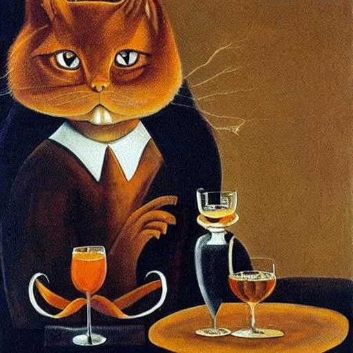 Prompt: a painting of an intellectual orange cat drinking wine while it is talking about politics, drawn by remedios varo
