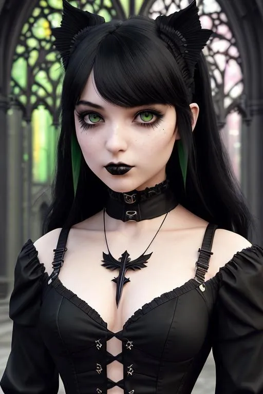 Prompt: face of a  girl 20 years old with black hair and green eyes make up like gothic | black dress | symmetrical, slightly wide face, accurate anatomy, | gothic outfit| standing in front of a church | sharp focus, ultra-fine details, cinematic lighting, 4k | realistic illustration, digital painting, scenic, wlop, artgerm, vastly ornate detailed background, vibrant colors, italian 