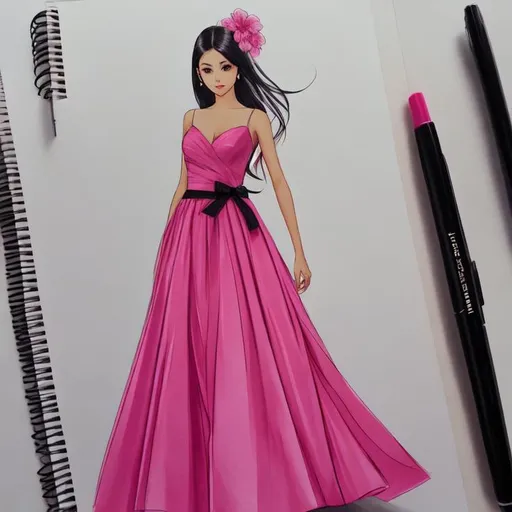 Prompt: Fashion design sketch of a pink homecoming dress, aesthetic, trending on behance, Copic marker color, black Sakura pen sketch, feminine, professional