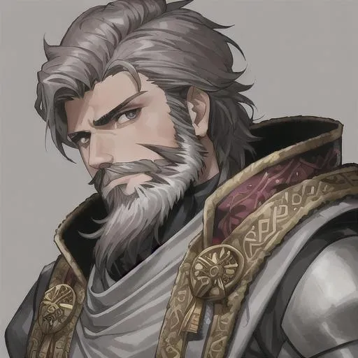 Prompt: a human man with short brown hair a beard and silver eyes wearing royal attire has a scar across his face ready for battle