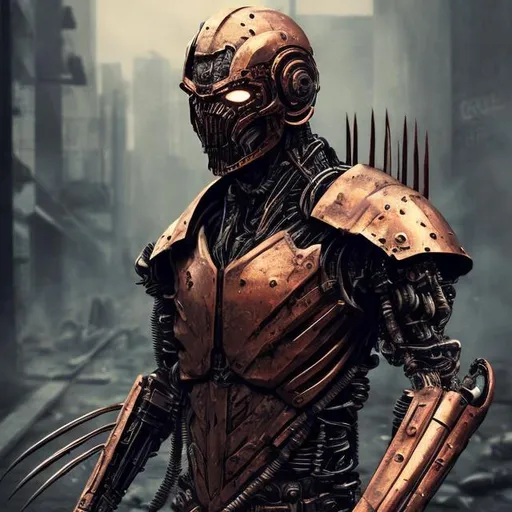 Prompt: Redesigned cybernetic futuristic scrap metal tarnished copper detailed armour (X-Men style). dark evil wolverine. Bloody. Hurt. Damaged mask. Accurate. realistic. evil eyes. Slow exposure. Detailed. Dirty. Dark and gritty. Post-apocalyptic Neo Tokyo with fire and smoke .Futuristic. Shadows. Sinister. Armed. Fanatic. Intense. 