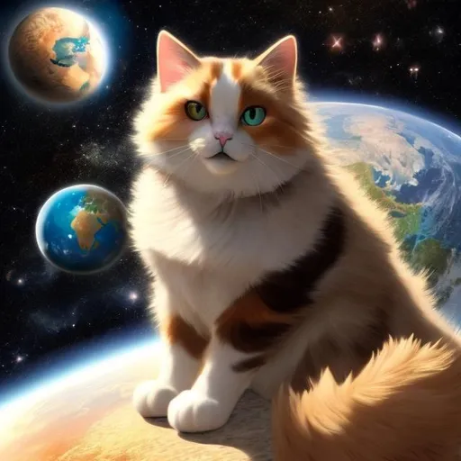 Prompt: A godly calico cat the size of a planet holding a normal sized cat sitting on its paw as they sit in space looking at the earth