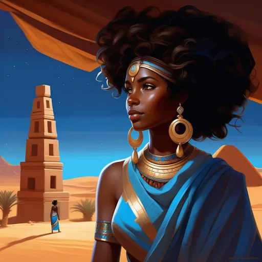 Prompt: Third person, gameplay, ancient Nubian girl, dark skin, curly brown hair, brown eyes, blue atmosphere, desert, Meroe at night, cartoony style, extremely detailed painting by Greg Rutkowski and by Henry Justice Ford and by Steve Henderson 