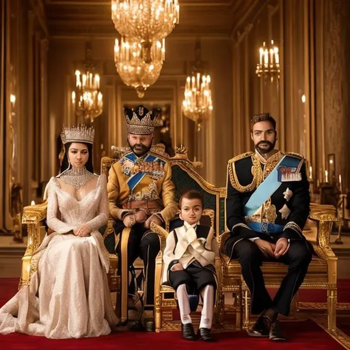 Prompt: A King and a queen sitting beside their handsome little prince in a luxurious royal palace.