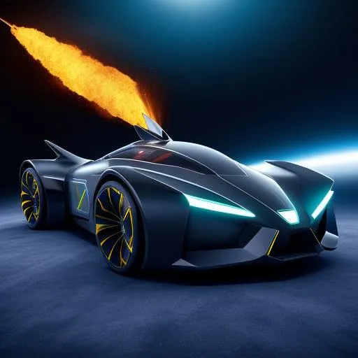 Prompt: Futuristic Batmobile on fire maximum speed through space