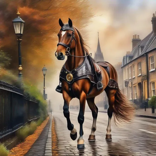 Prompt: A stunning watercolor impressionist painting of steampunk horse walking cobble road around United Kingdom, The painting is rendered in HDR, DTM, full HD, and 8K resolution, with ultra-detailed brushwork that captures every nuance and detail of the character's iconic suit and features.